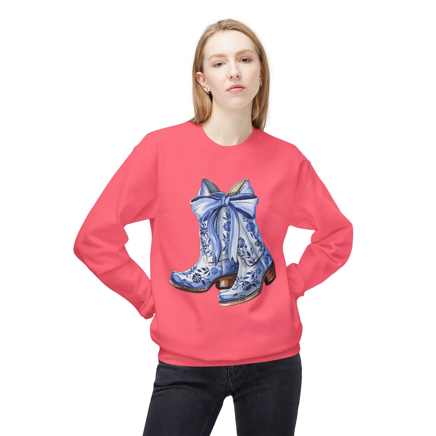 Blue Floral Cowboy Boots Crewneck Sweatshirt