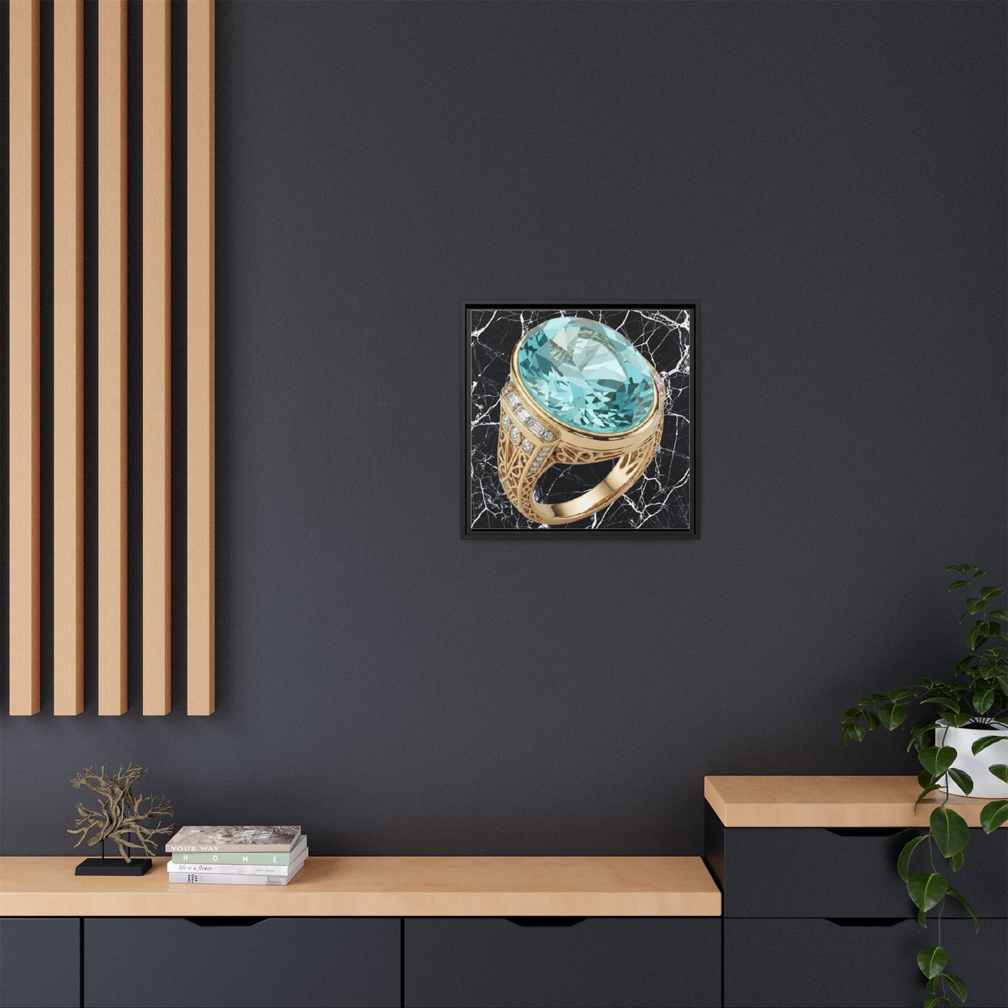 Aquamarine Ring with Marble Veins Framed Canvas