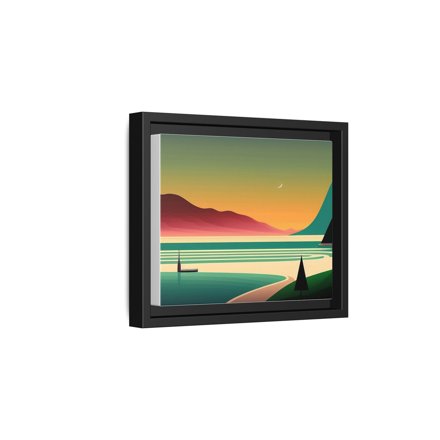 Retro Sunset Lake Framed Canvas Wall Art