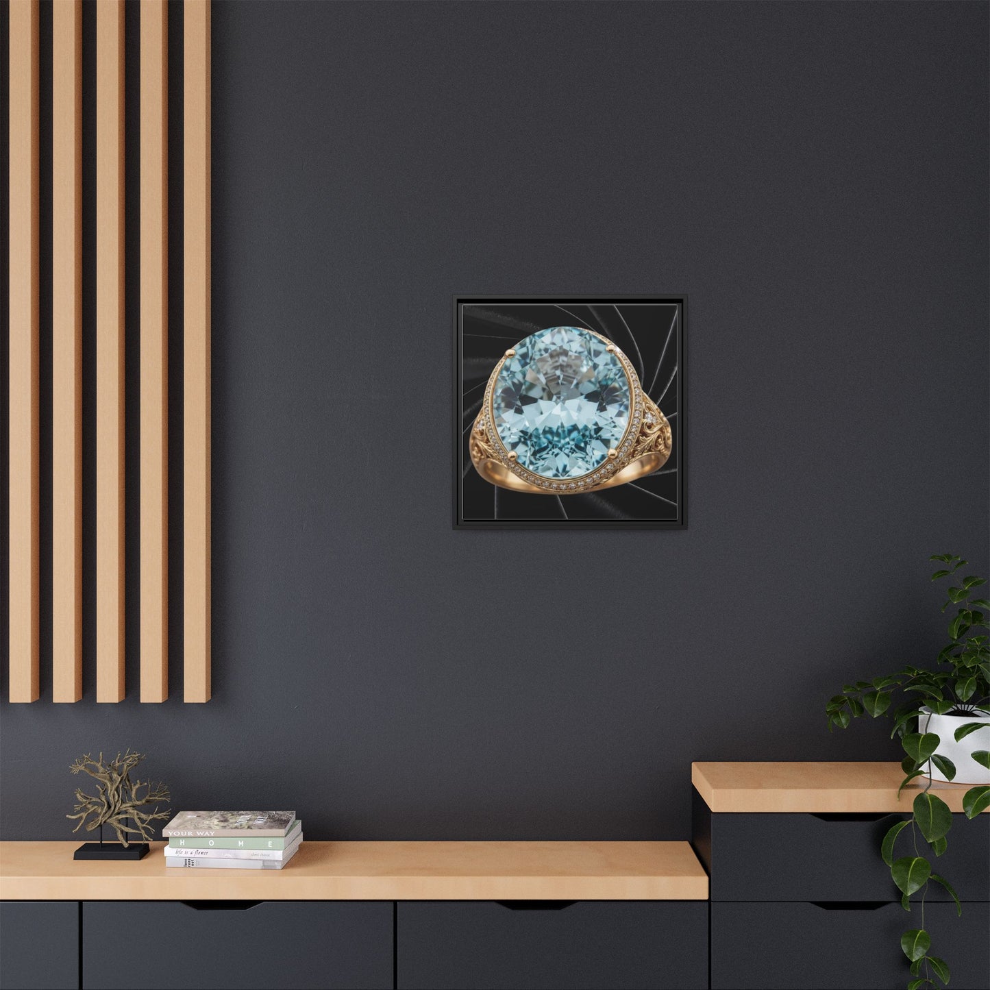 Aquamarine Oval Halo Black Velvet Framed Canvas