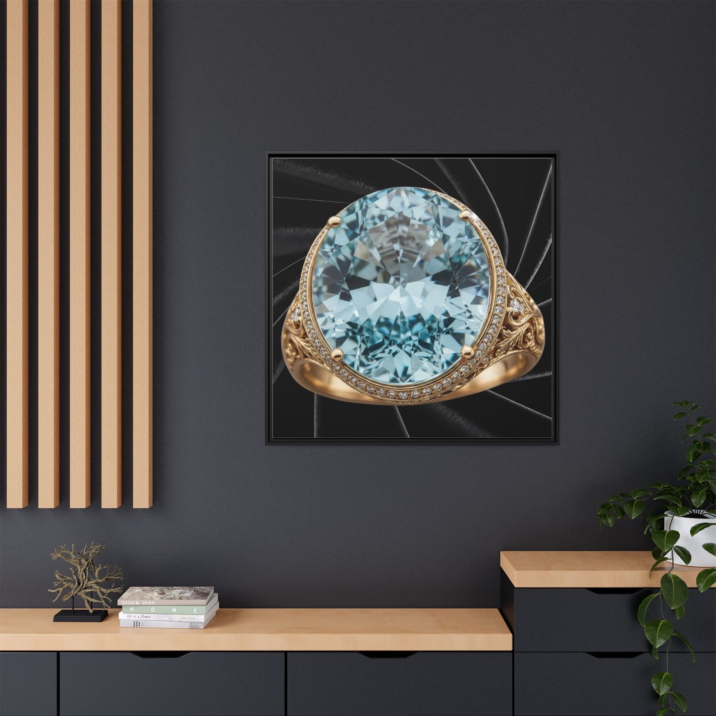 Aquamarine Oval Halo Black Velvet Framed Canvas