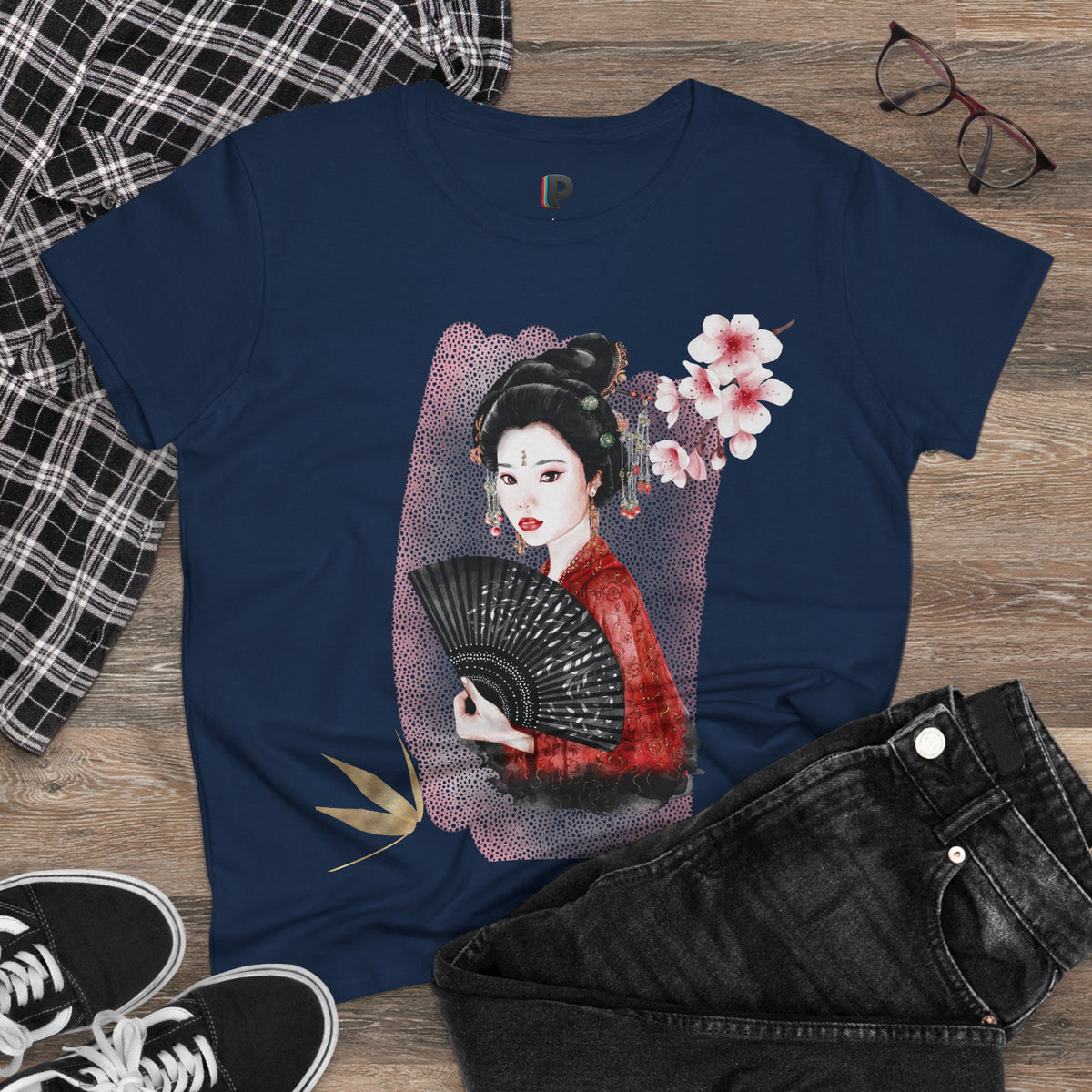 Japanese Woman & Folding Fan Cherry Blossom Front Print Women’s Tee