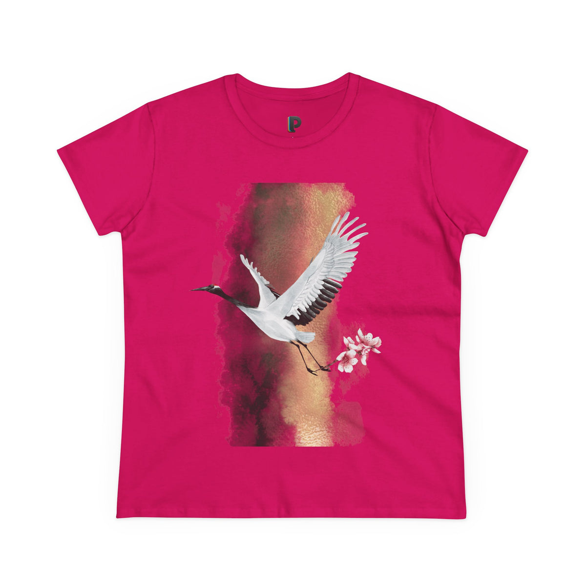 Red-Crowned Crane & Cherry Blossom Ink Wash Front Print Women’s Tee
