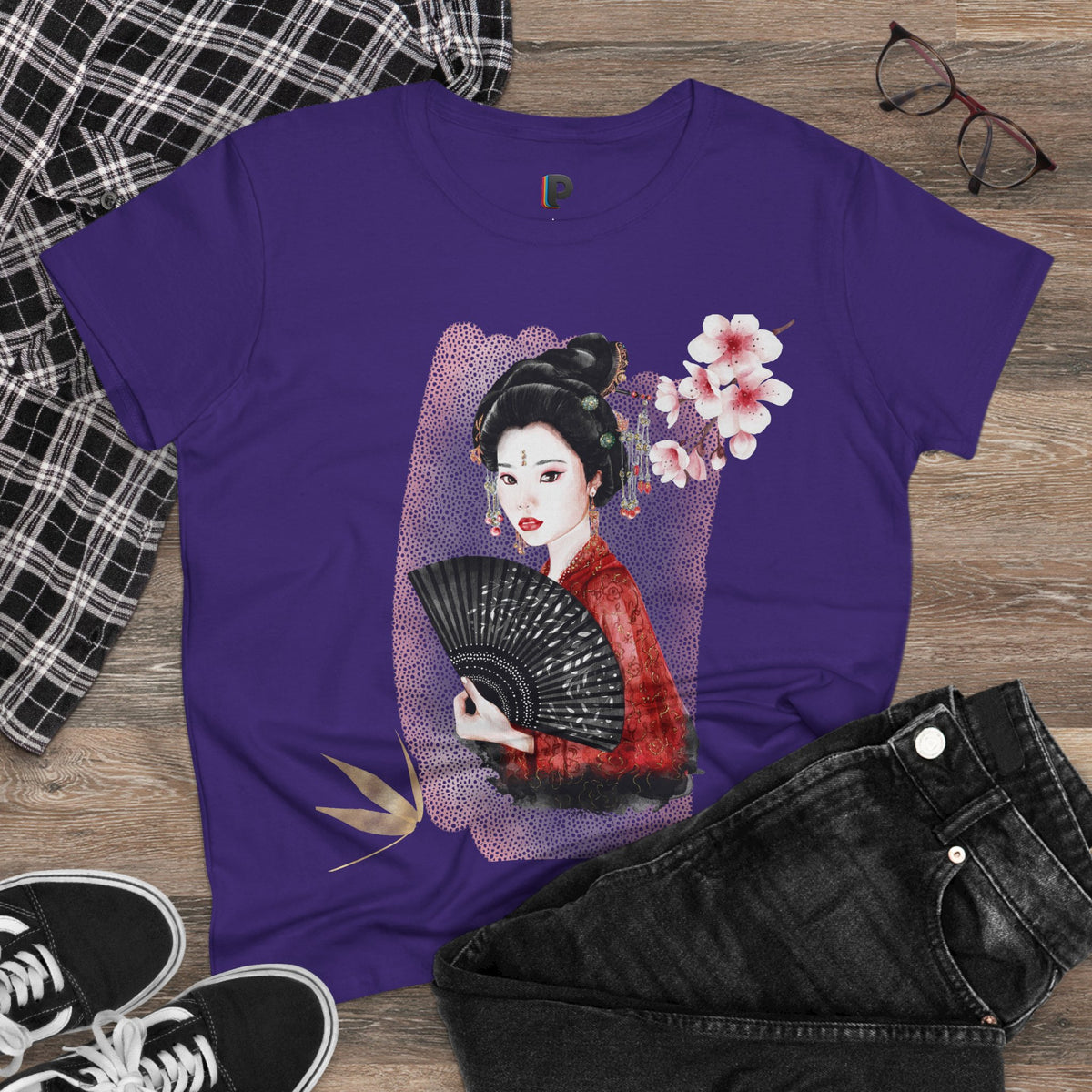Japanese Woman & Folding Fan Cherry Blossom Front Print Women’s Tee