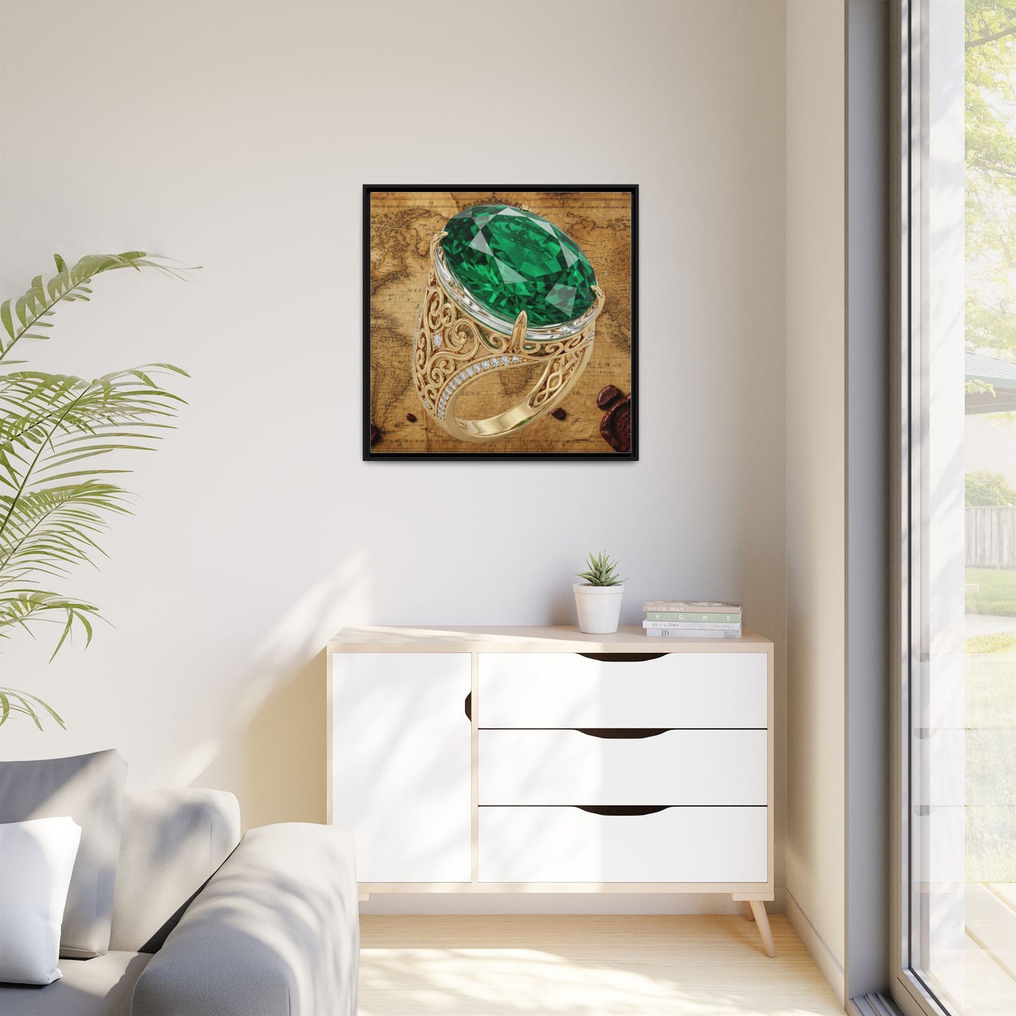 Emerald Scrollwork Ring Framed Canvas