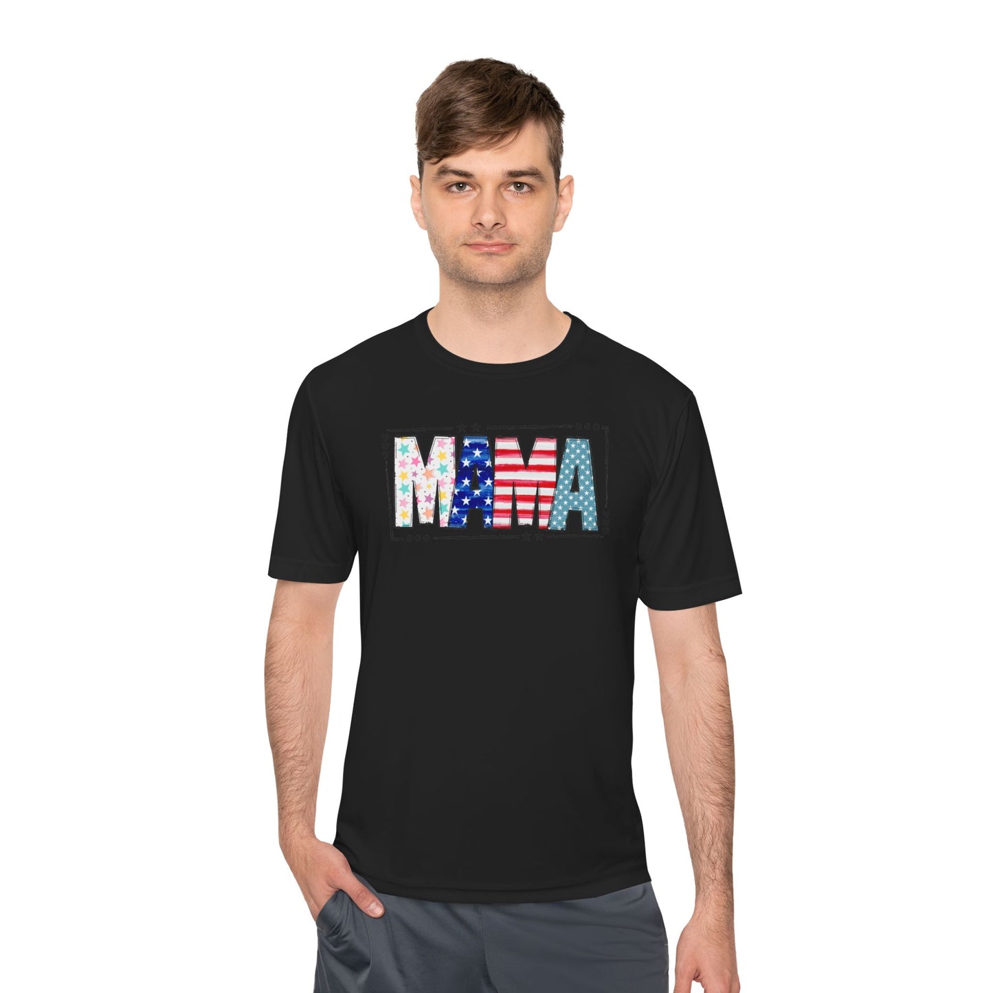 MAMA Patriotic Graphic Tee — USA Flag & Stars Moisture-Wicking Shirt