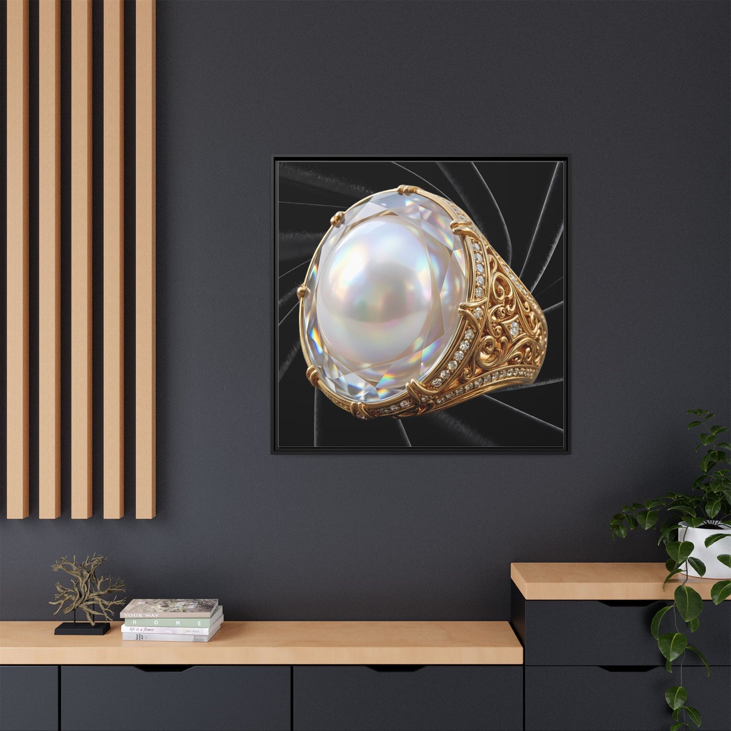 Opalescent Pearl Filigree on Black Velvet Framed Canvas