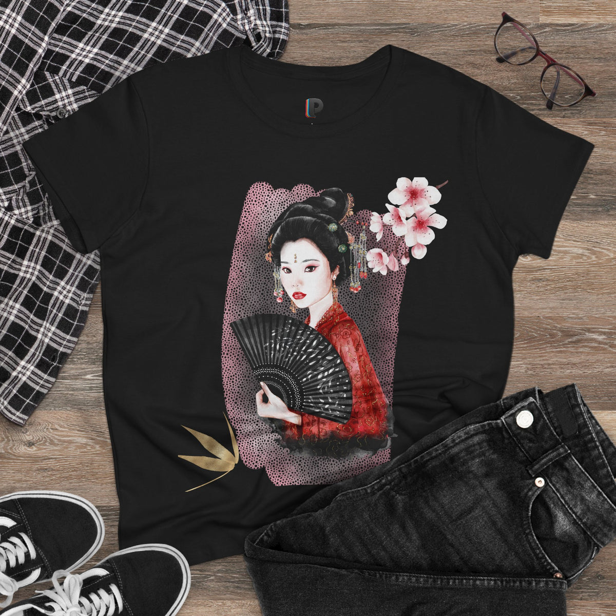 Japanese Woman & Folding Fan Cherry Blossom Front Print Women’s Tee