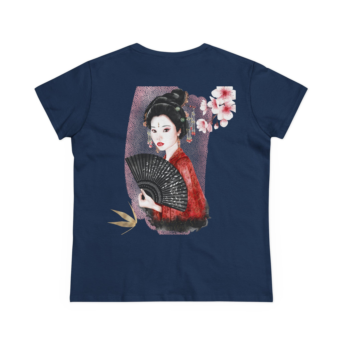 Japanese Woman & Folding Fan Cherry Blossom Back Print Women’s Tee