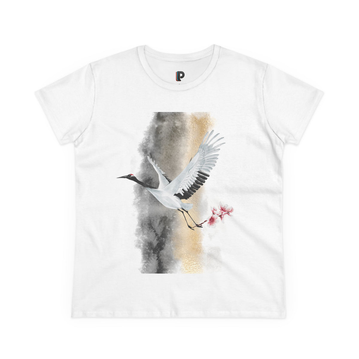 Red-Crowned Crane & Cherry Blossom Ink Wash Front Print Women’s Tee