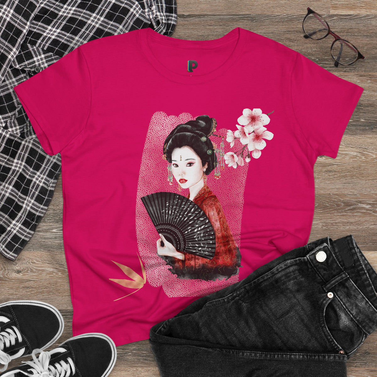 Japanese Woman & Folding Fan Cherry Blossom Front Print Women’s Tee
