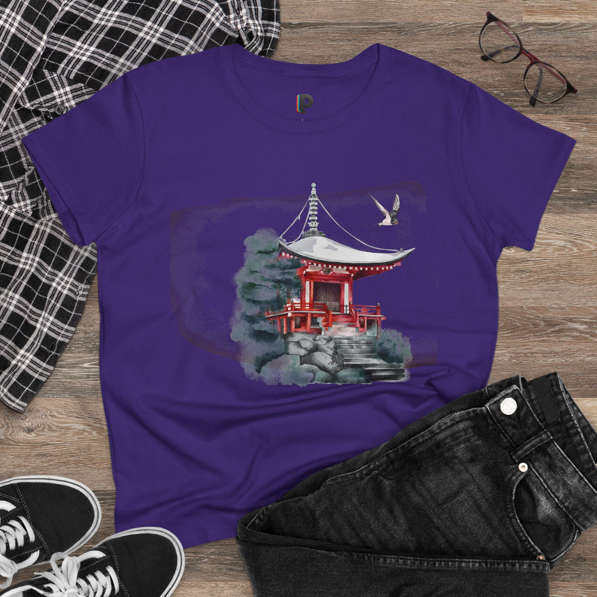 Watercolor Red Pagoda Front Print Women’s Tee