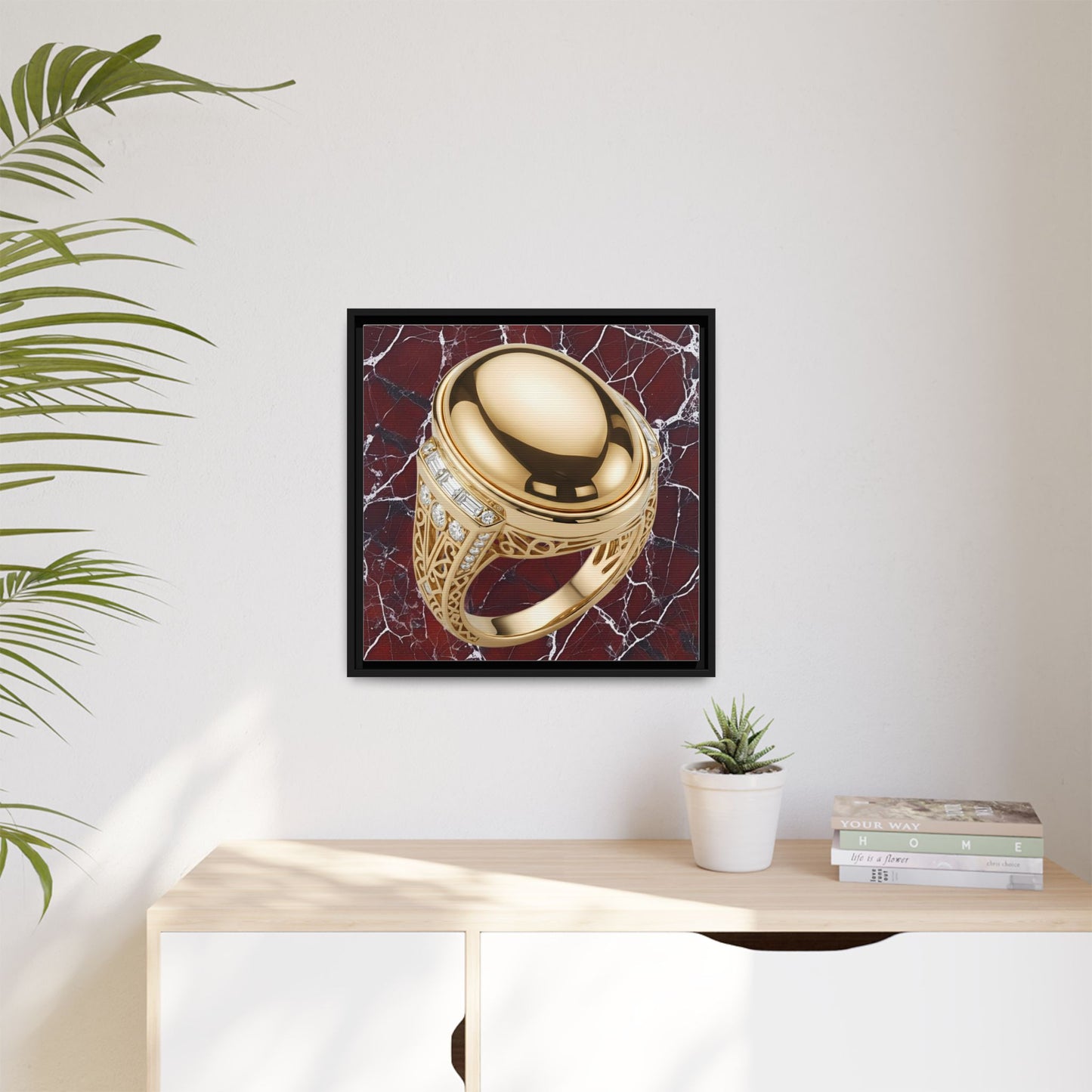 Golden Signet on Crimson Marble Canvas