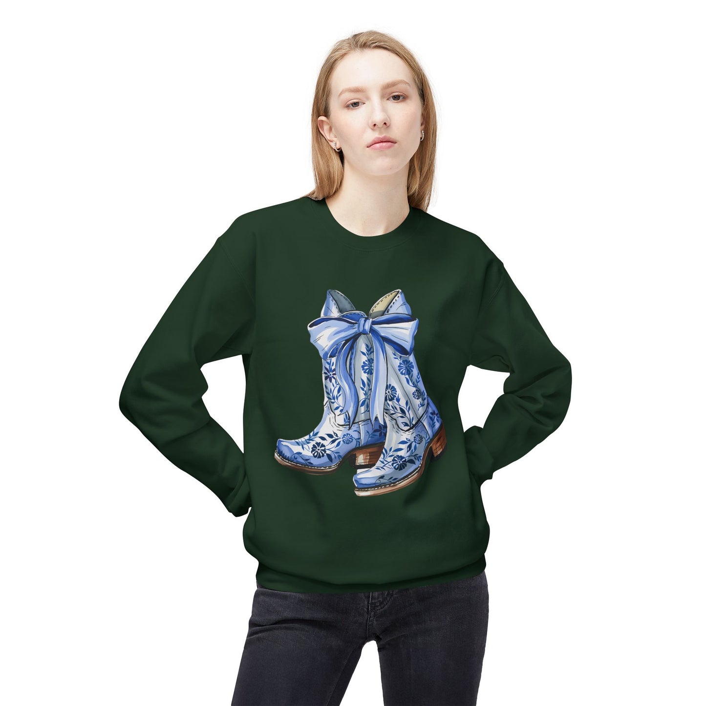 Blue Floral Cowboy Boots Crewneck Sweatshirt