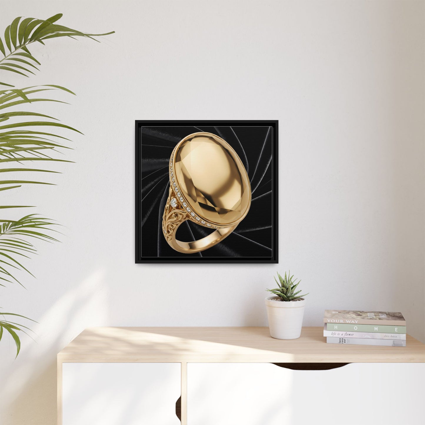 Polished Gold Oval Ring Black Velvet Framed Canvas