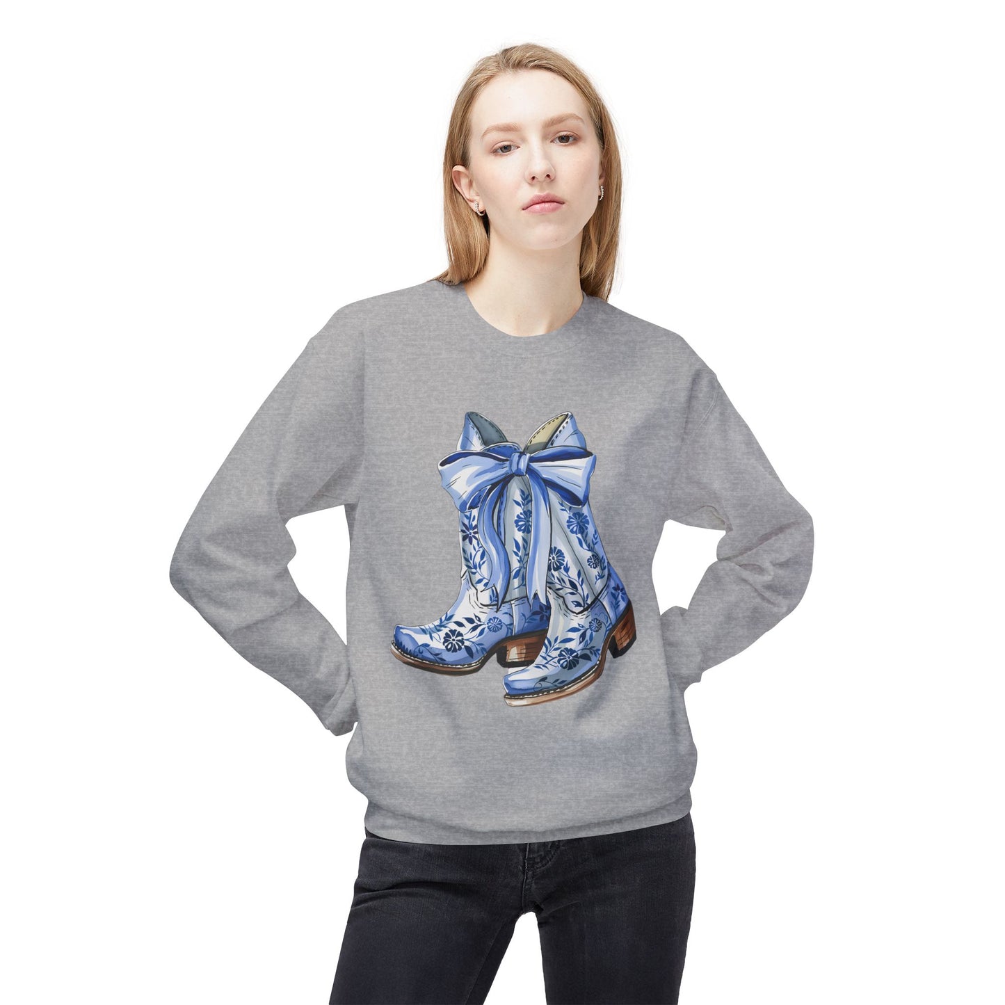 Blue Floral Cowboy Boots Crewneck Sweatshirt