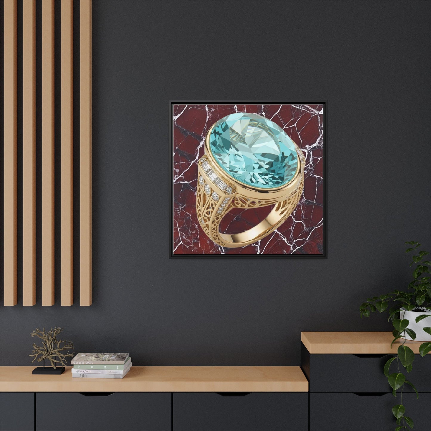Aquamarine Ring on Fractured Marble Framed Canvas