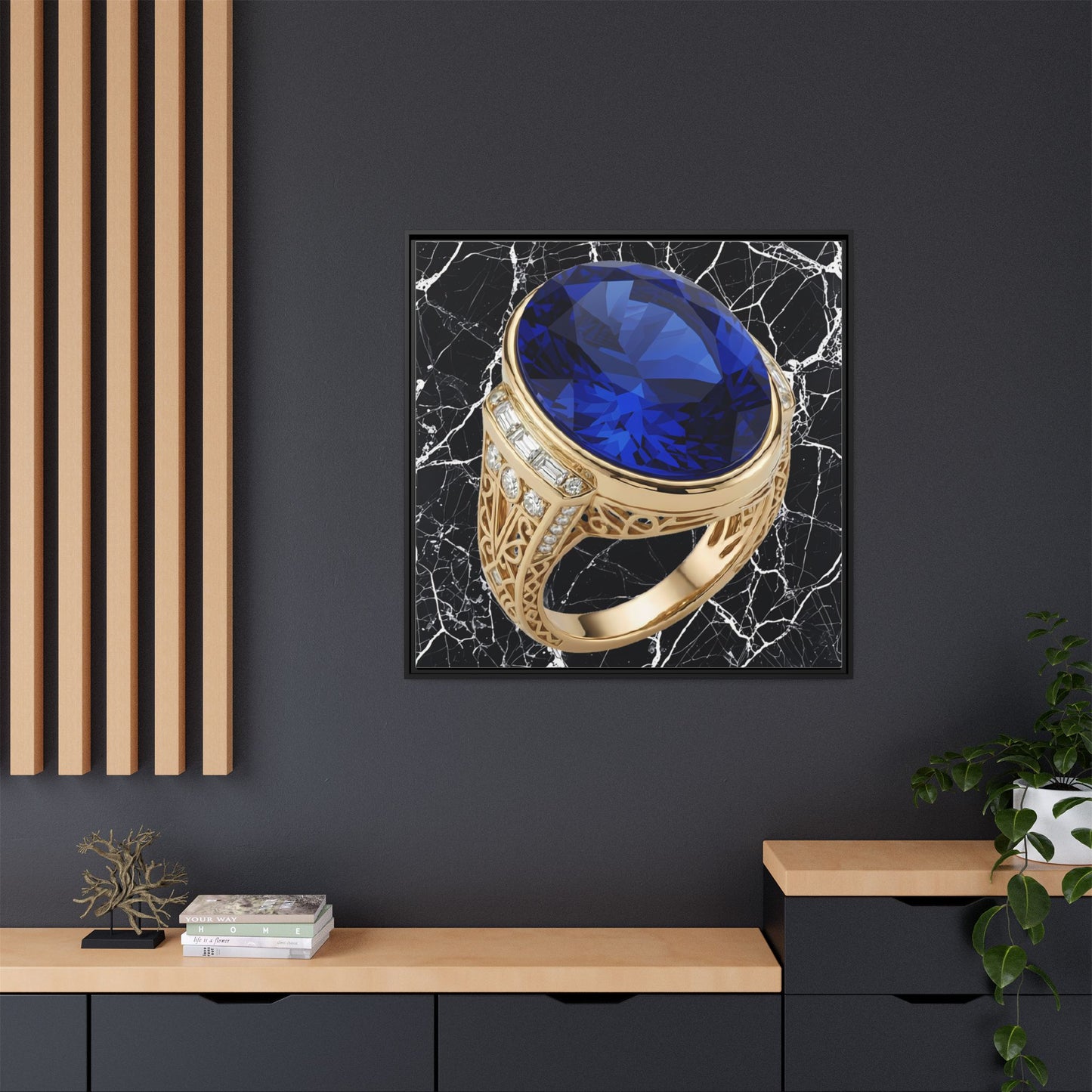 Sapphire Ring Against Veined Marble Framed Canvas
