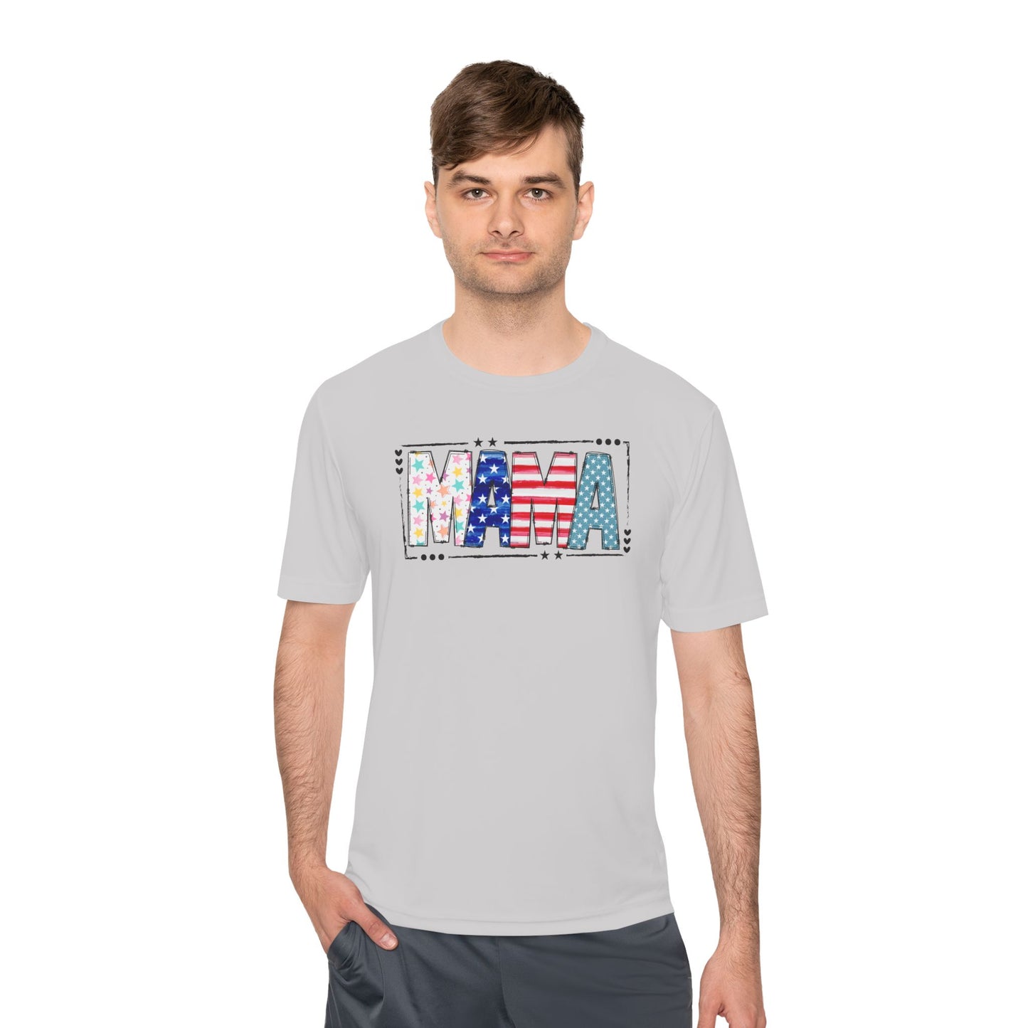MAMA Patriotic Graphic Tee — USA Flag & Stars Moisture-Wicking Shirt