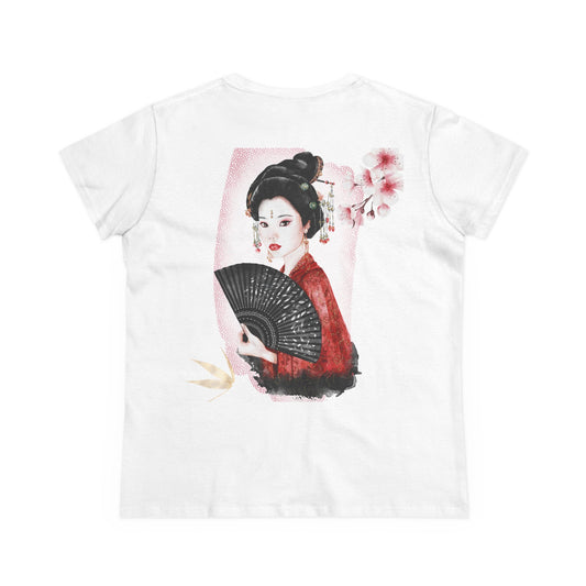 Japanese Woman & Folding Fan Cherry Blossom Back Print Women’s Tee