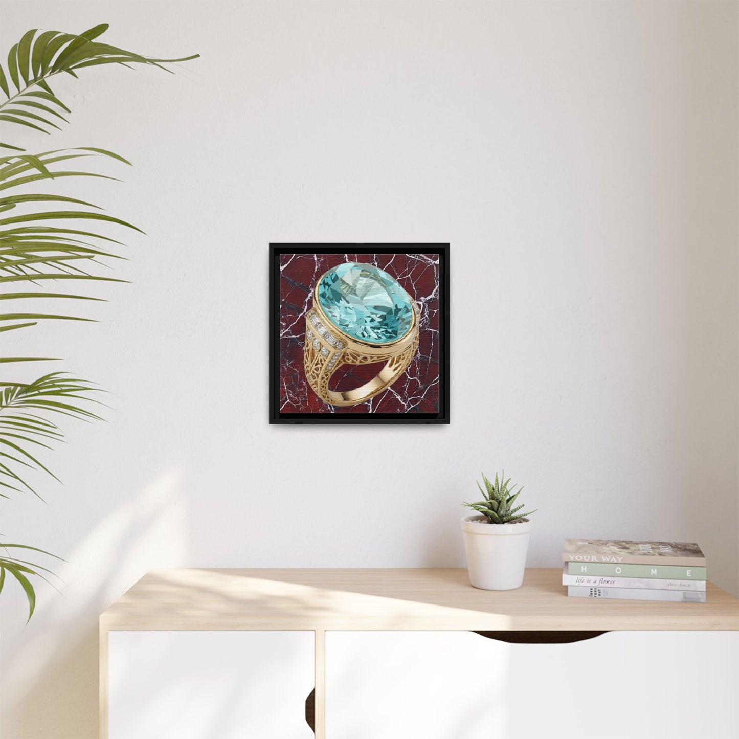 Aquamarine Ring on Fractured Marble Framed Canvas