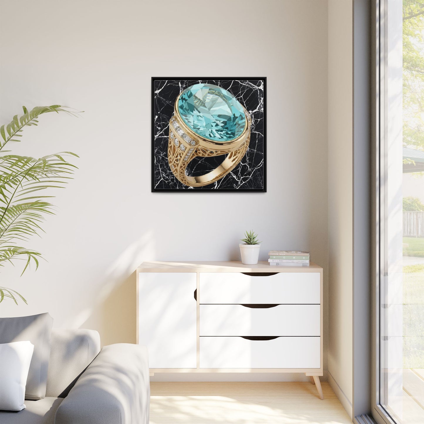 Aquamarine Ring with Marble Veins Framed Canvas
