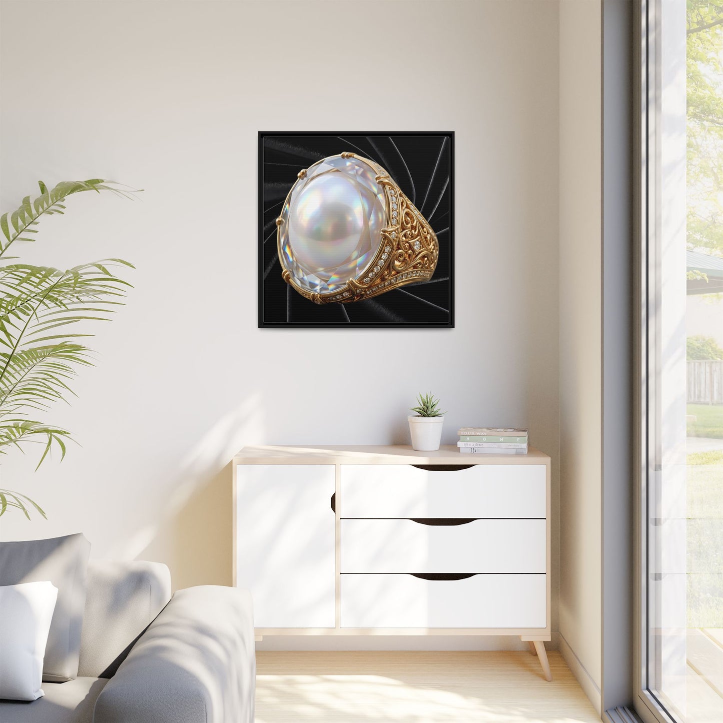 Opalescent Pearl Filigree on Black Velvet Framed Canvas