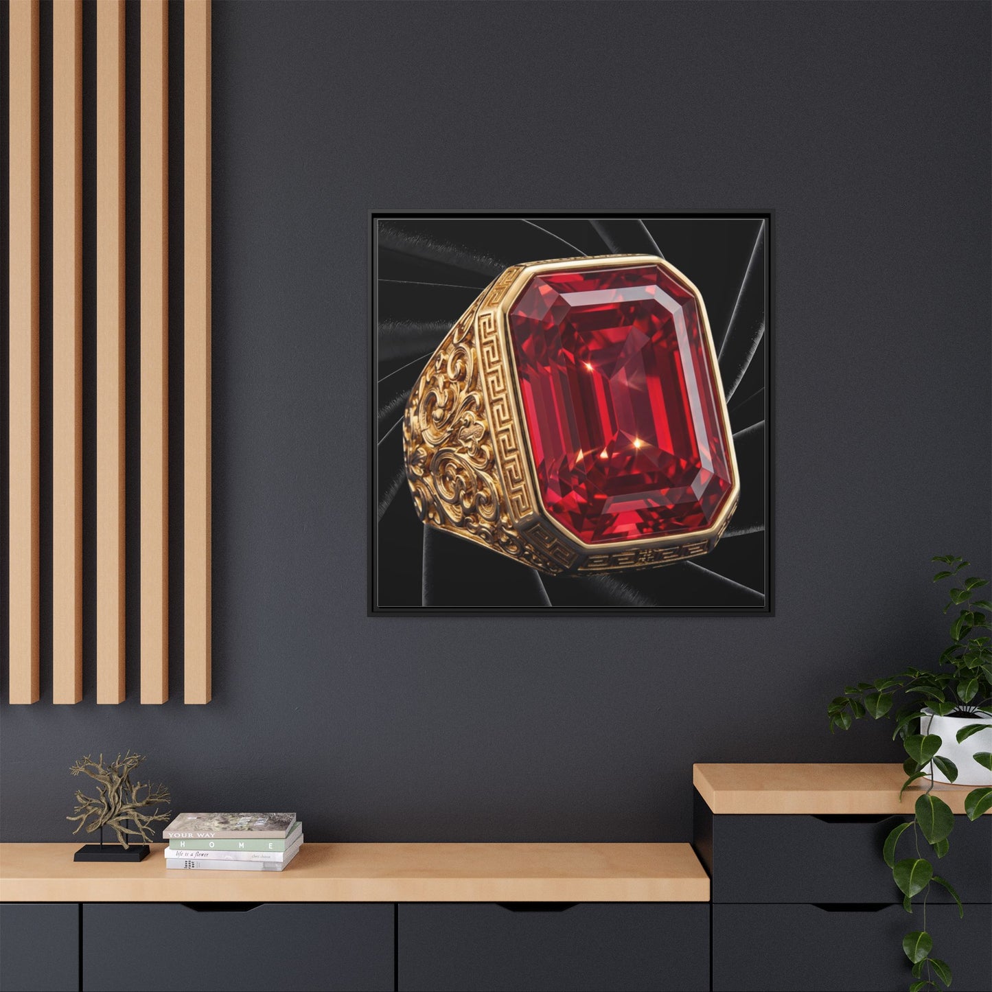 Ruby Step-Cut Ring on Black Velvet Framed Canvas