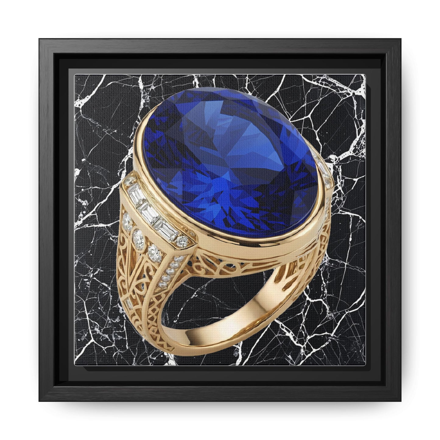 Sapphire Ring Against Veined Marble Framed Canvas