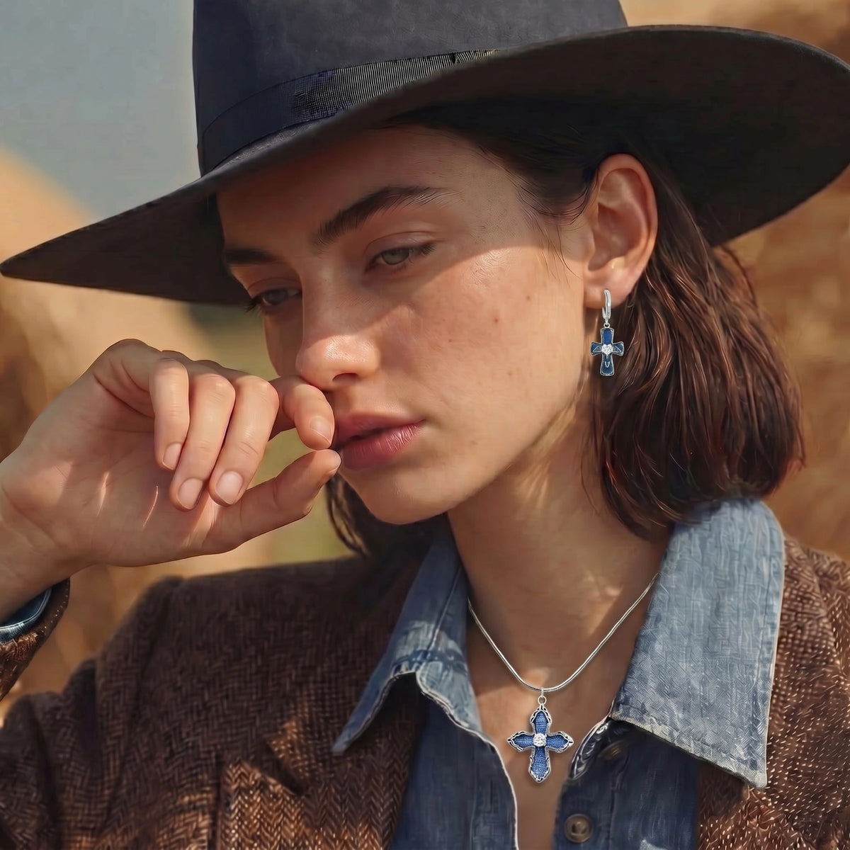 Denim Cross Necklace