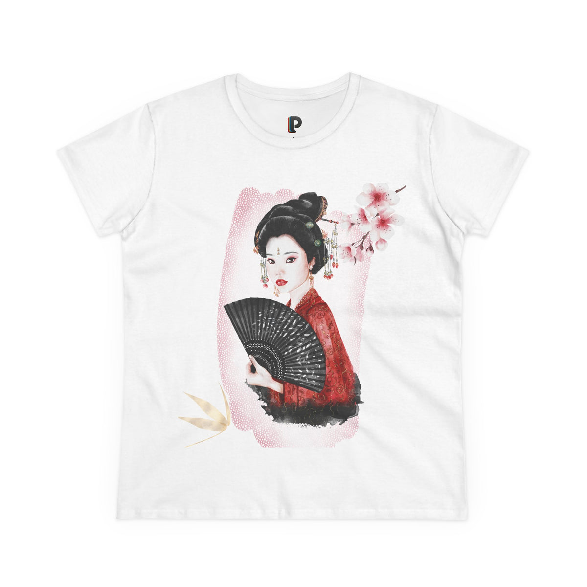 Japanese Woman & Folding Fan Cherry Blossom Front Print Women’s Tee