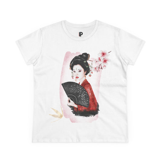 Japanese Woman & Folding Fan Cherry Blossom Front Print Women’s Tee