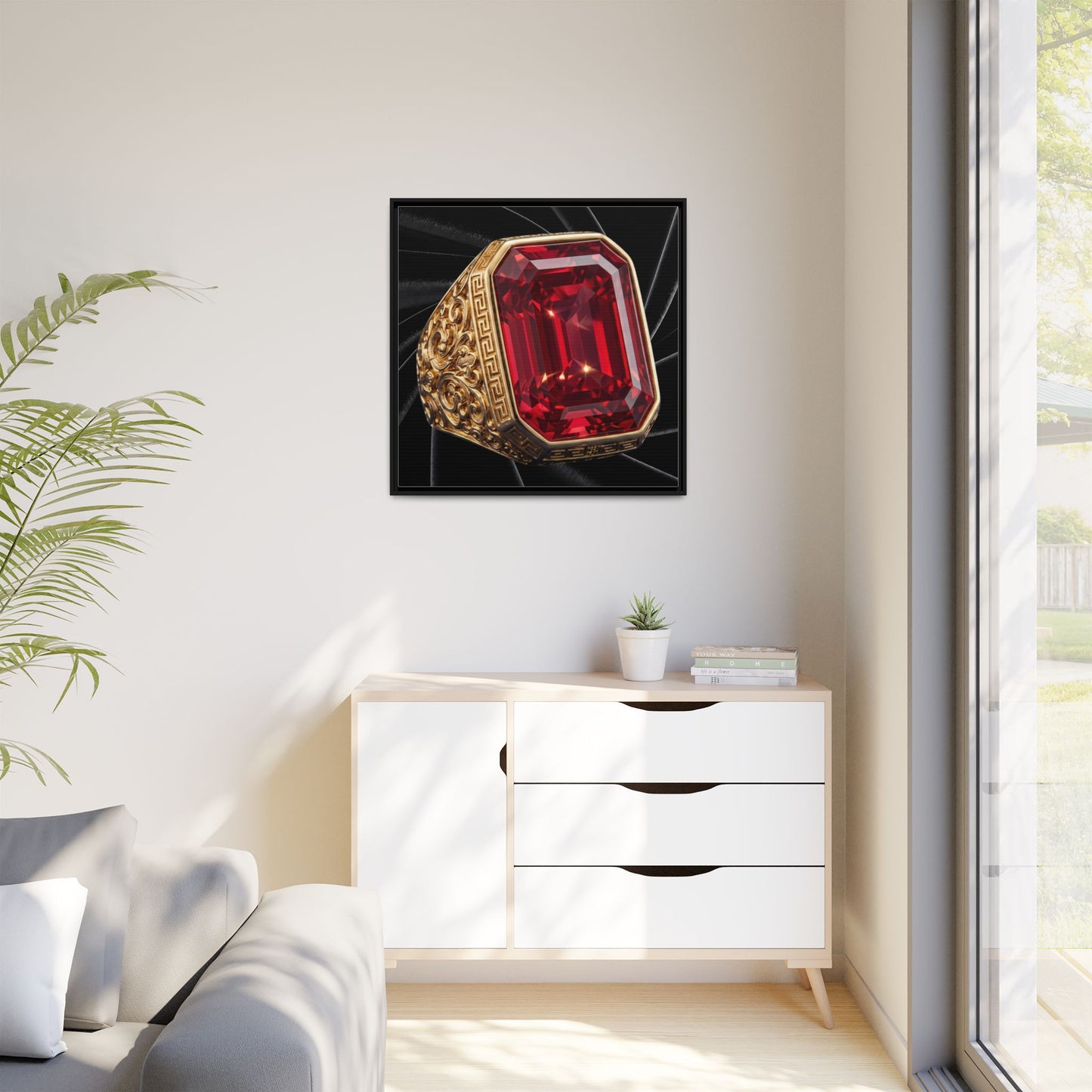 Ruby Step-Cut Ring on Black Velvet Framed Canvas