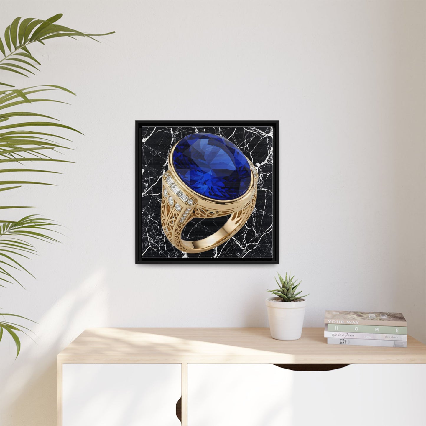 Sapphire Ring Against Veined Marble Framed Canvas