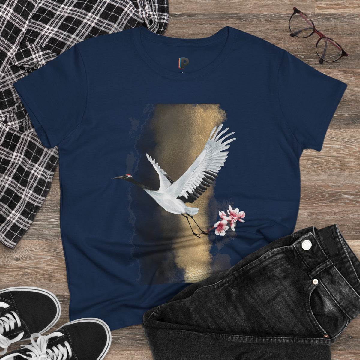 Red-Crowned Crane & Cherry Blossom Ink Wash Front Print Women’s Tee