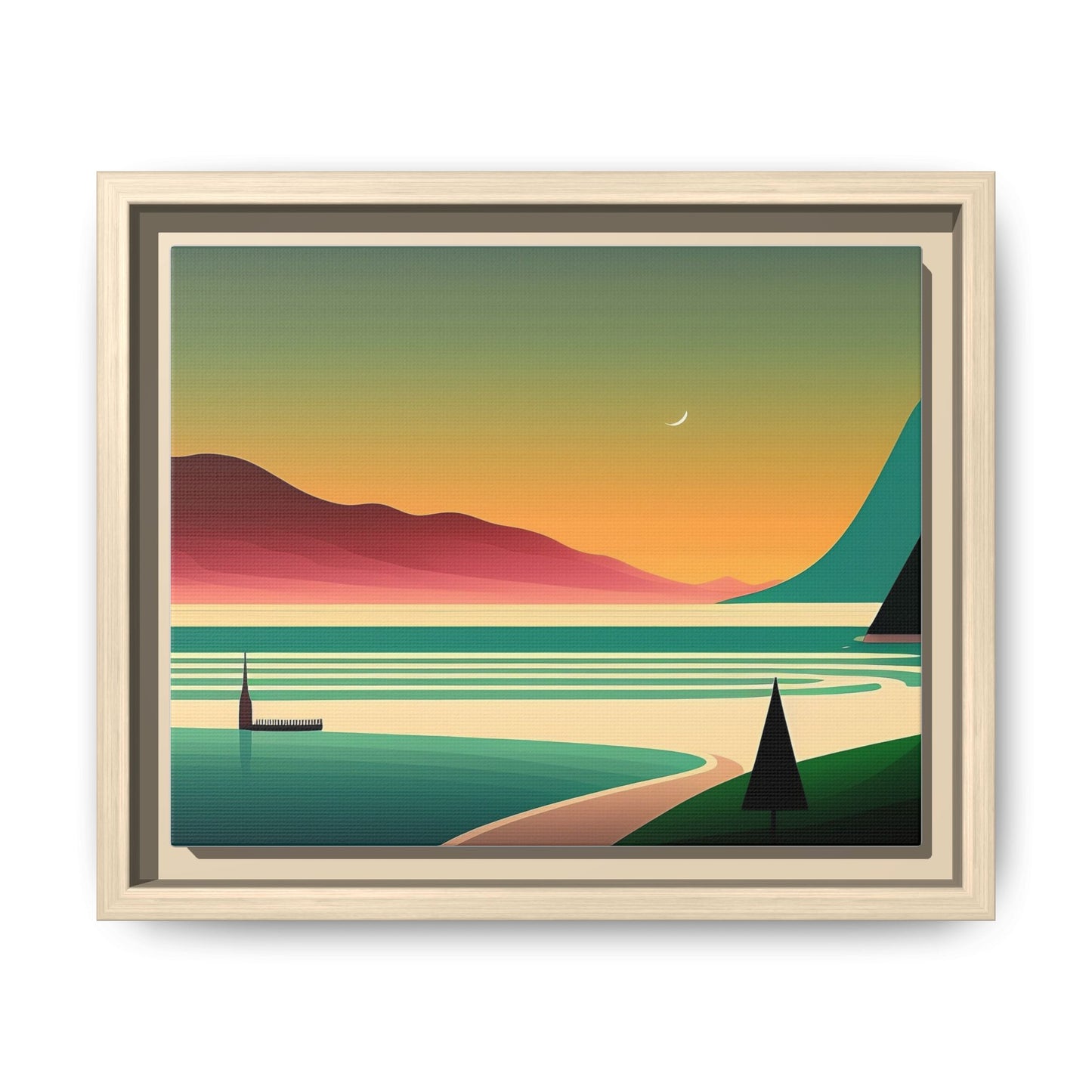 Retro Sunset Lake Framed Canvas Wall Art