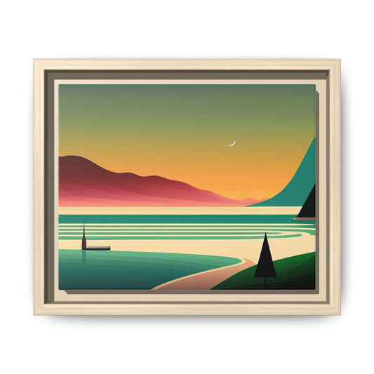 Retro Sunset Lake Framed Canvas Wall Art