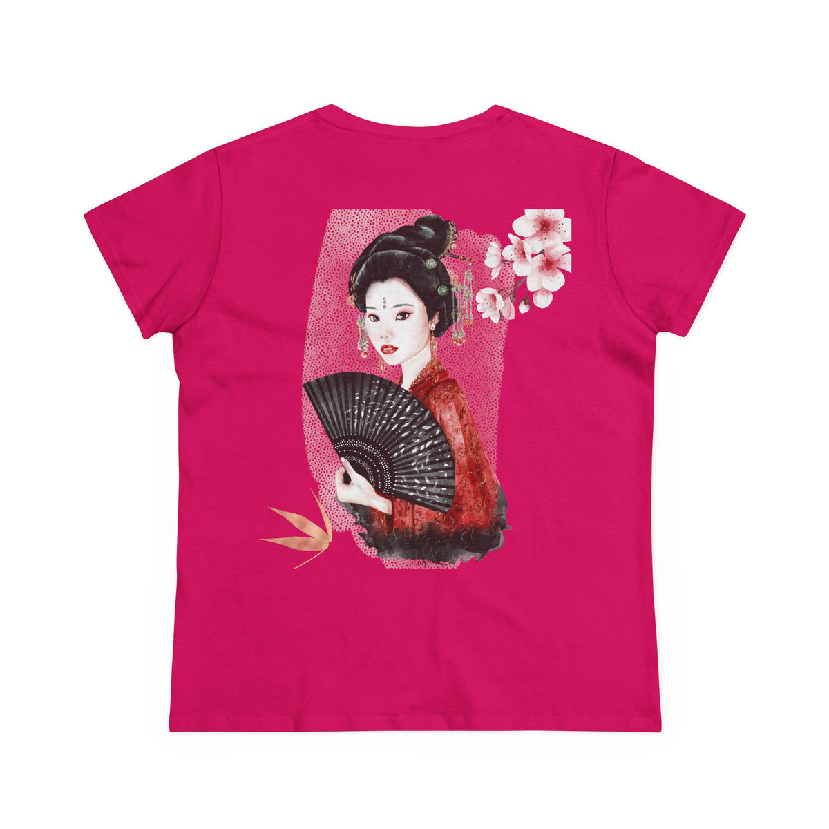 Japanese Woman & Folding Fan Cherry Blossom Back Print Women’s Tee