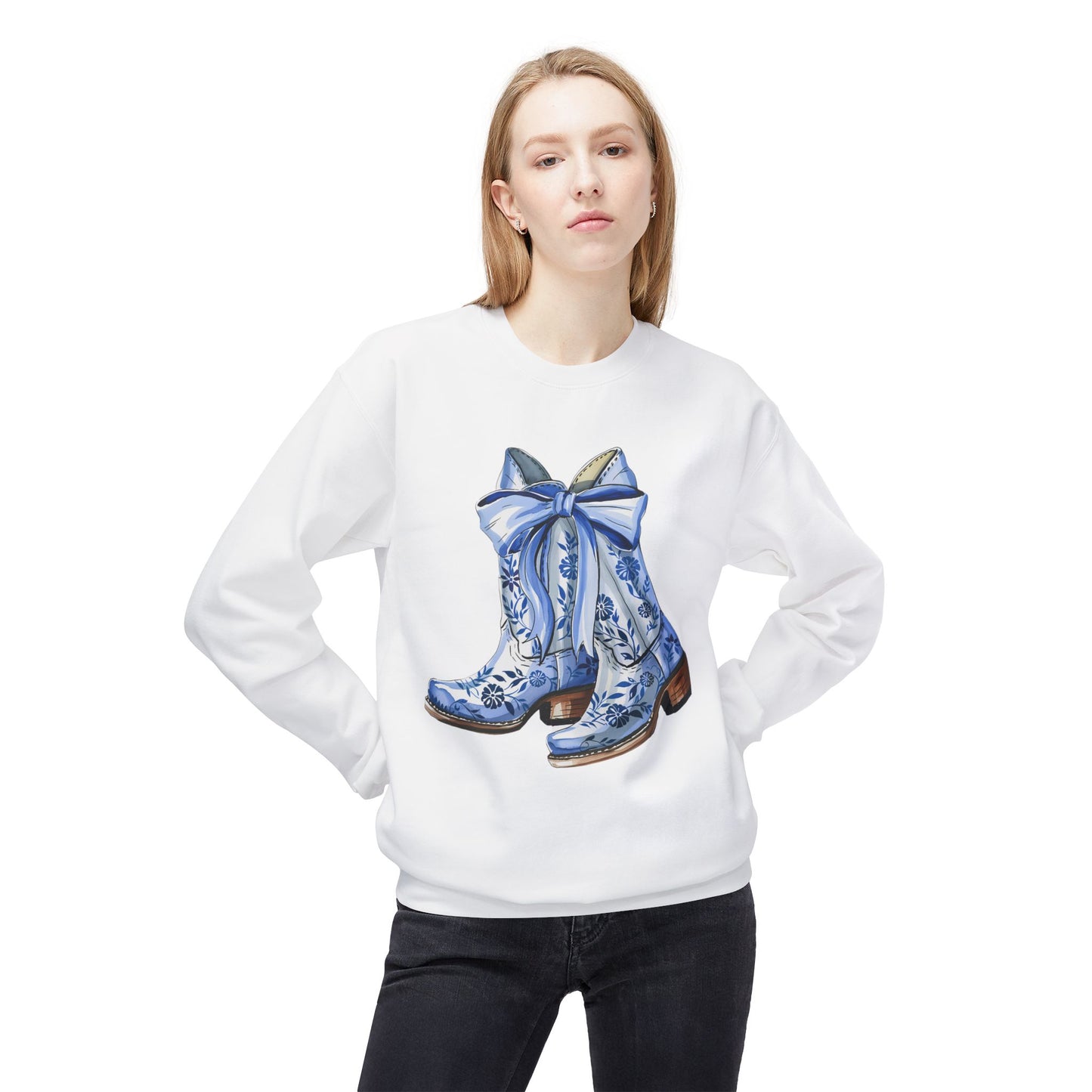 Blue Floral Cowboy Boots Crewneck Sweatshirt