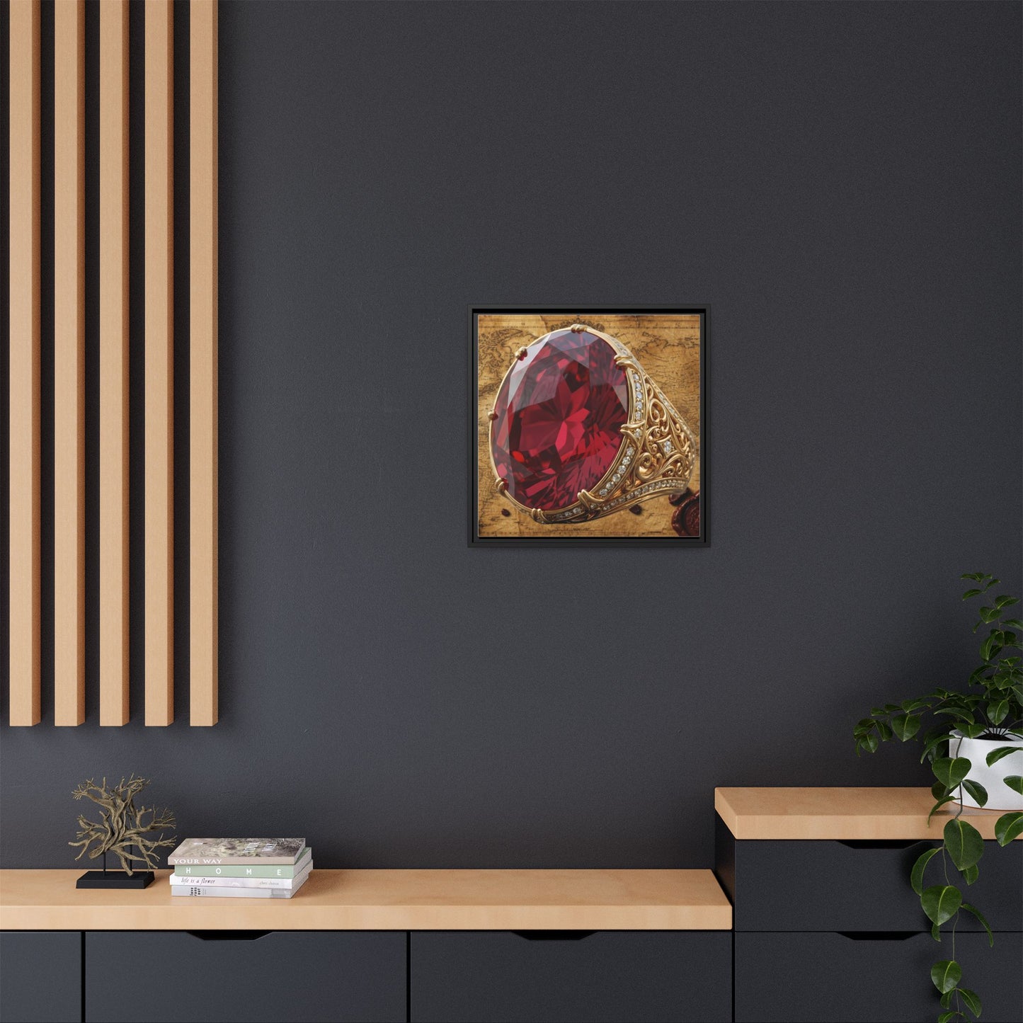 Oval Ruby Filigree on Antique Atlas Framed Canvas
