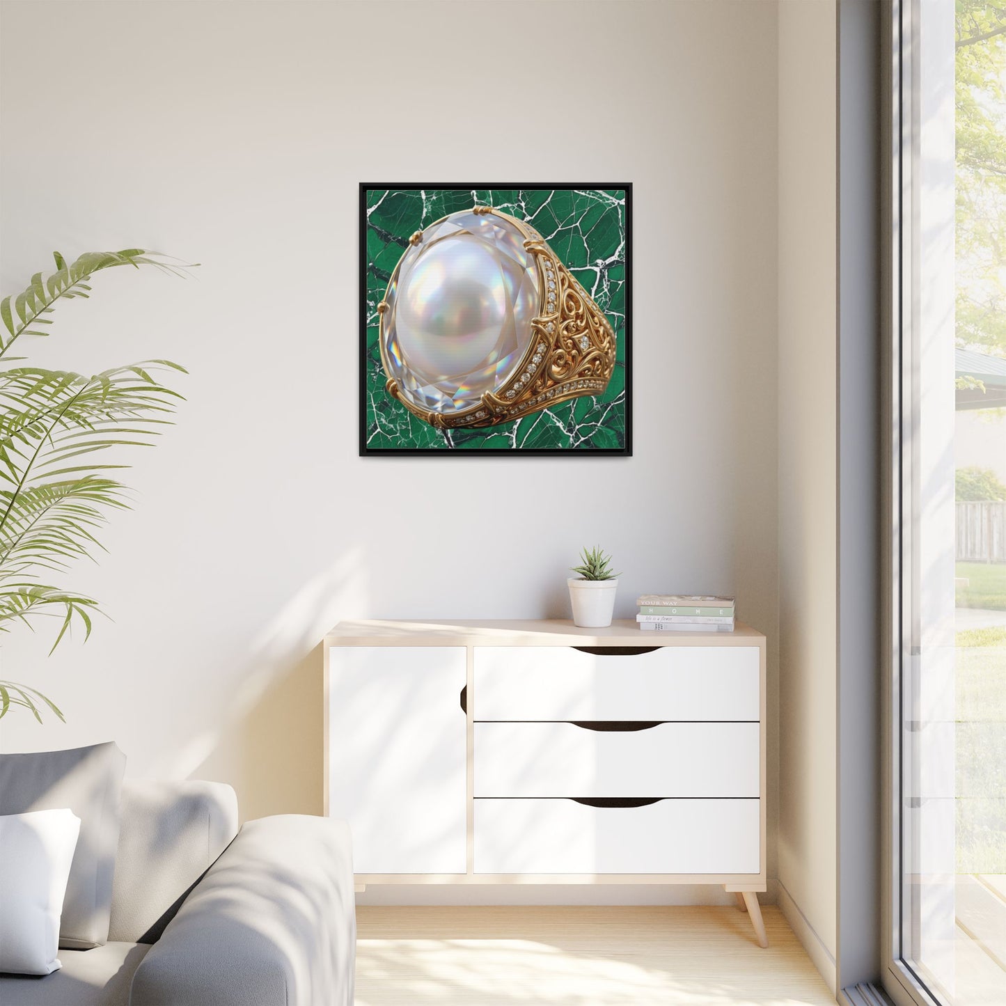 Verdant Pearl Ring Framed Canvas