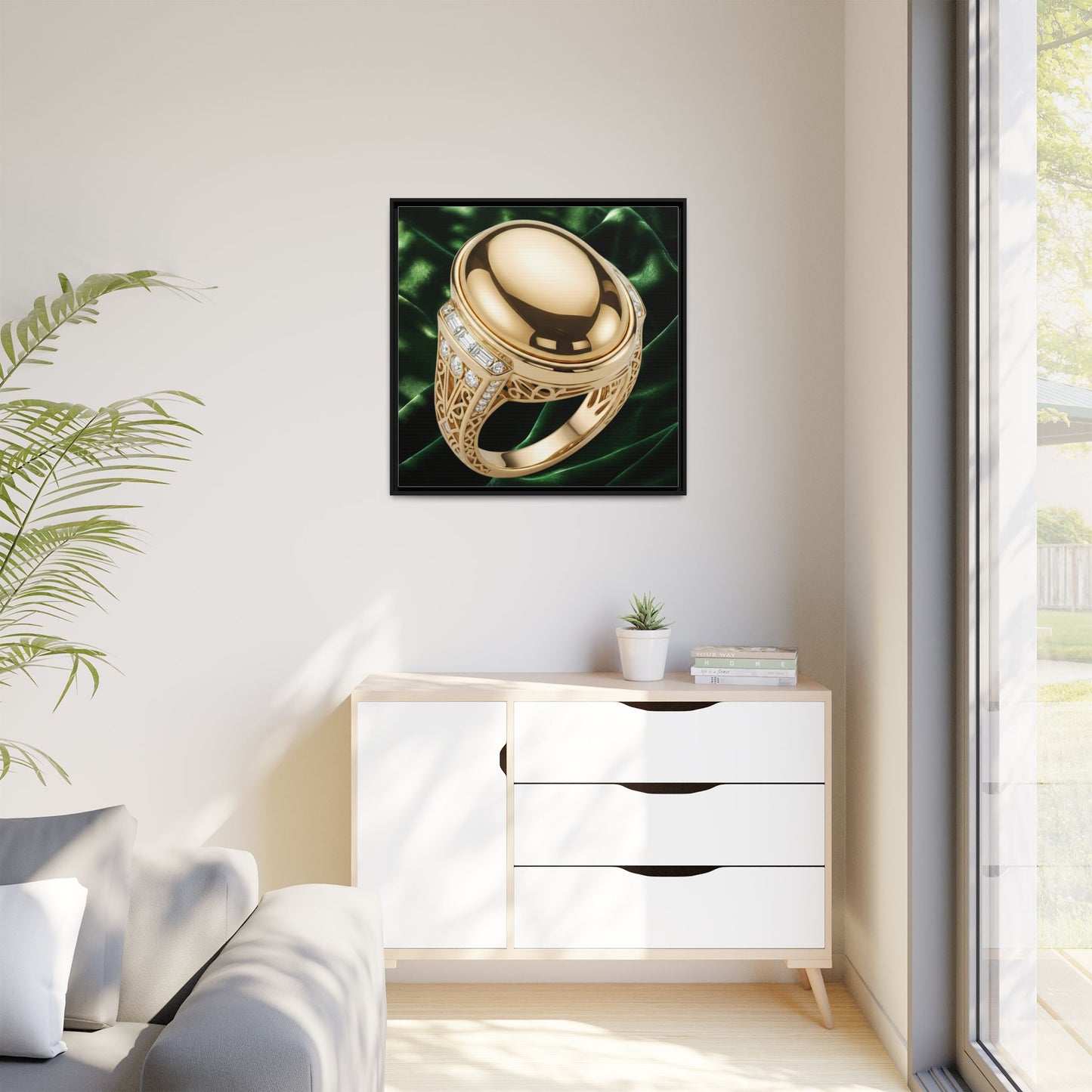 Gold Cabochon Openwork Ring Framed Canvas