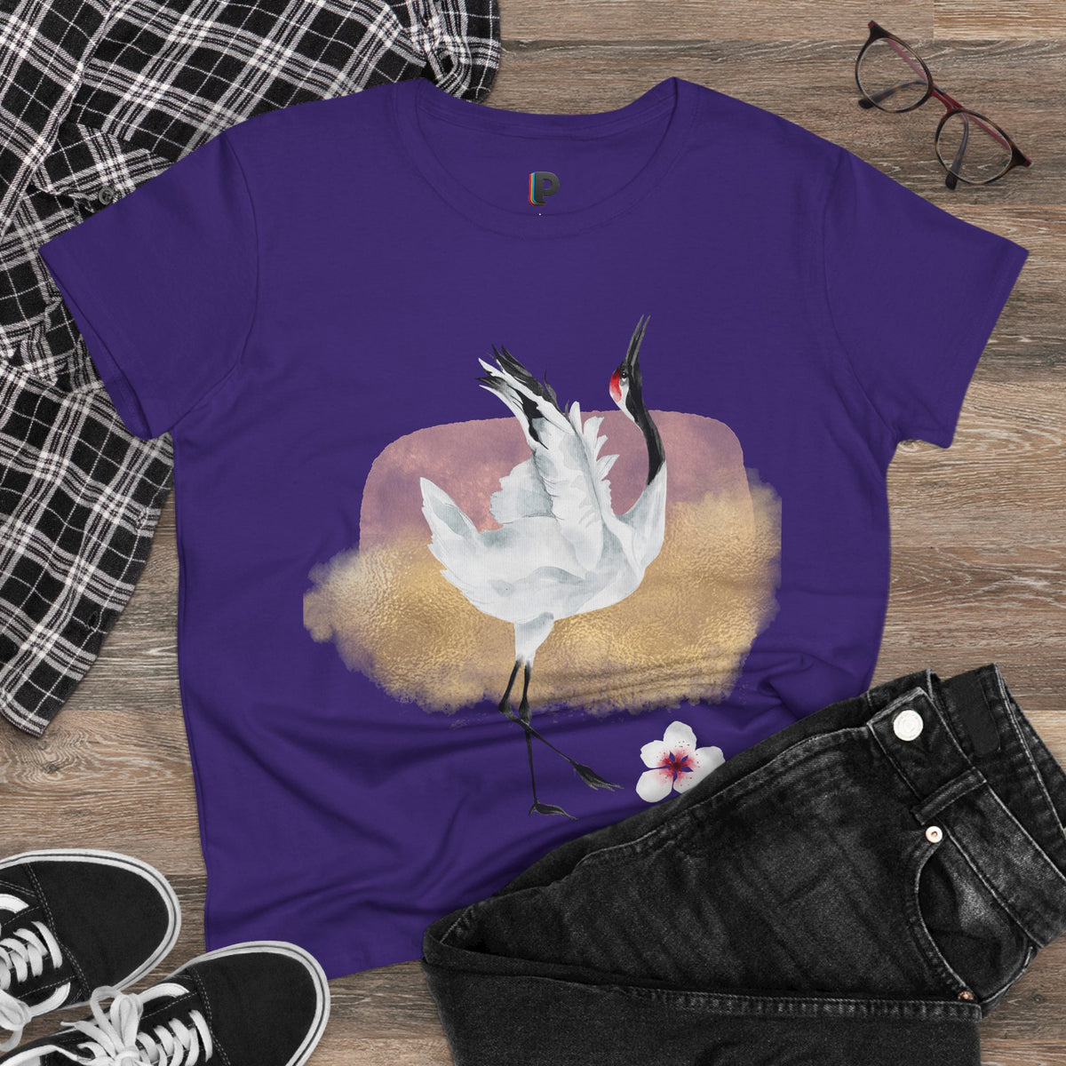 Dancing Red-Crowned Crane Watercolor Women’s Tee