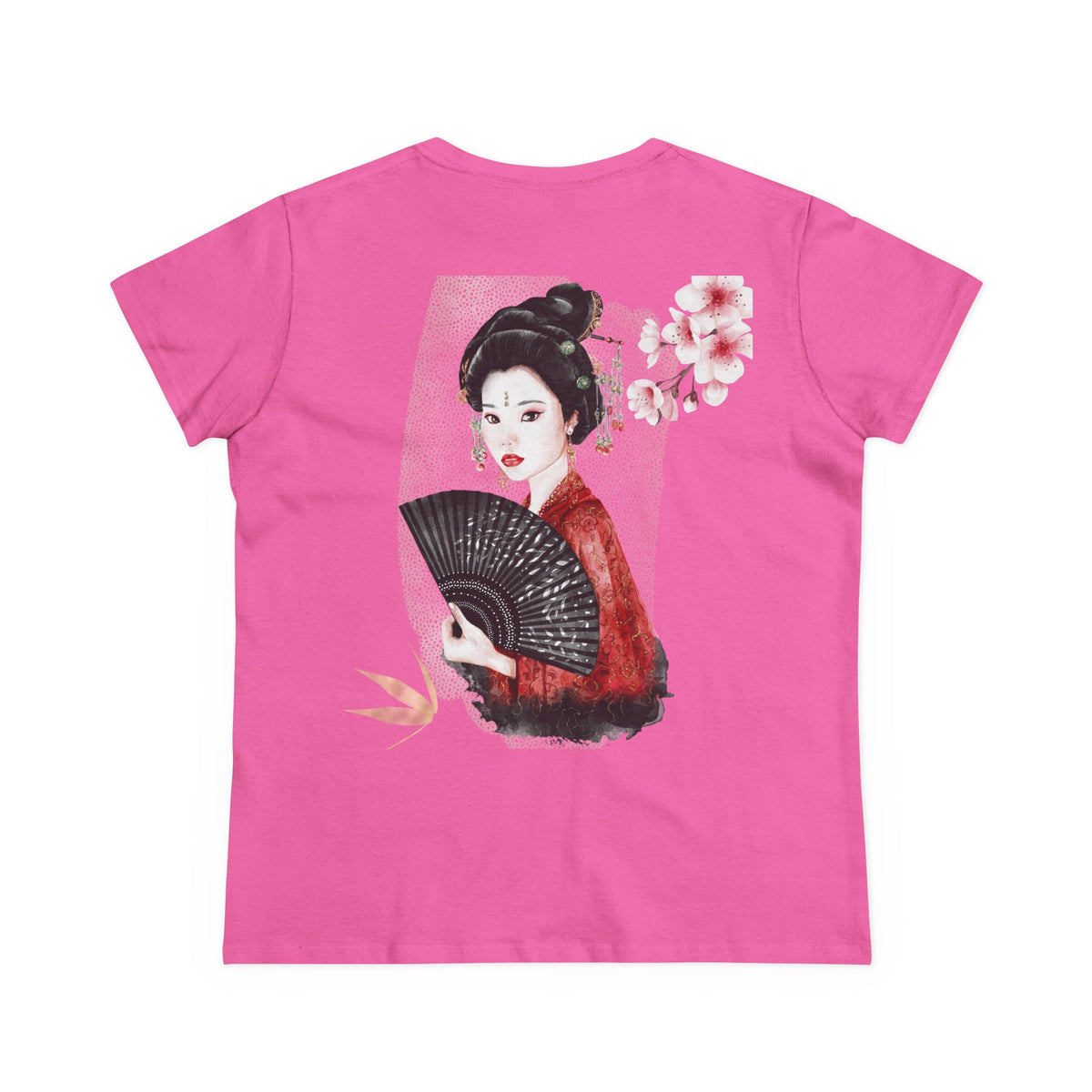 Japanese Woman & Folding Fan Cherry Blossom Back Print Women’s Tee