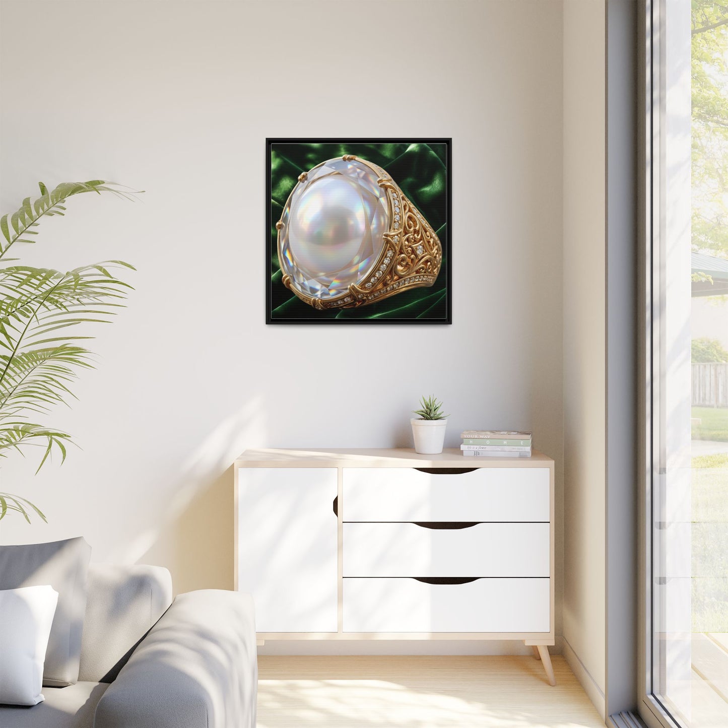 Luminous Pearl Ring with Drapery Framed Canvas