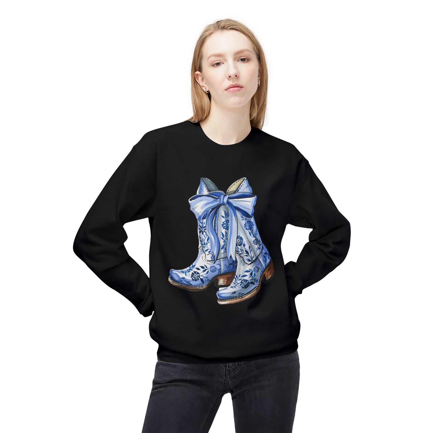 Blue Floral Cowboy Boots Crewneck Sweatshirt