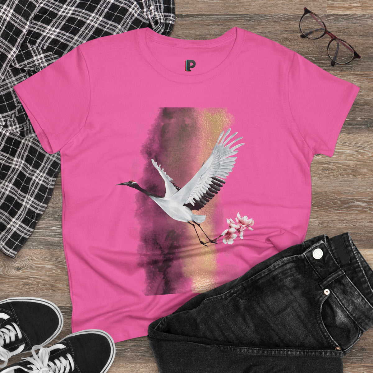 Red-Crowned Crane & Cherry Blossom Ink Wash Front Print Women’s Tee