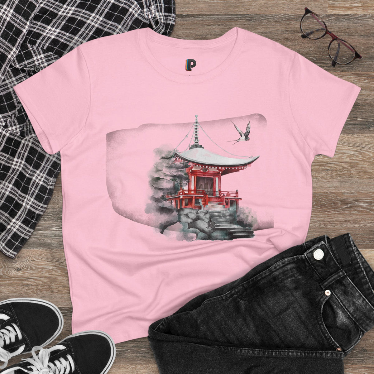 Watercolor Red Pagoda Front Print Women’s Tee