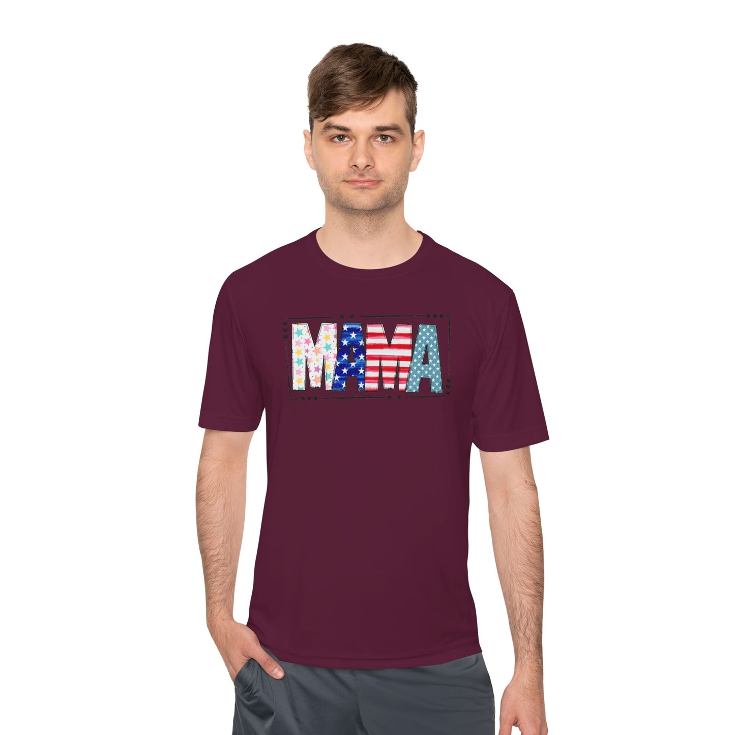 MAMA Patriotic Graphic Tee — USA Flag & Stars Moisture-Wicking Shirt
