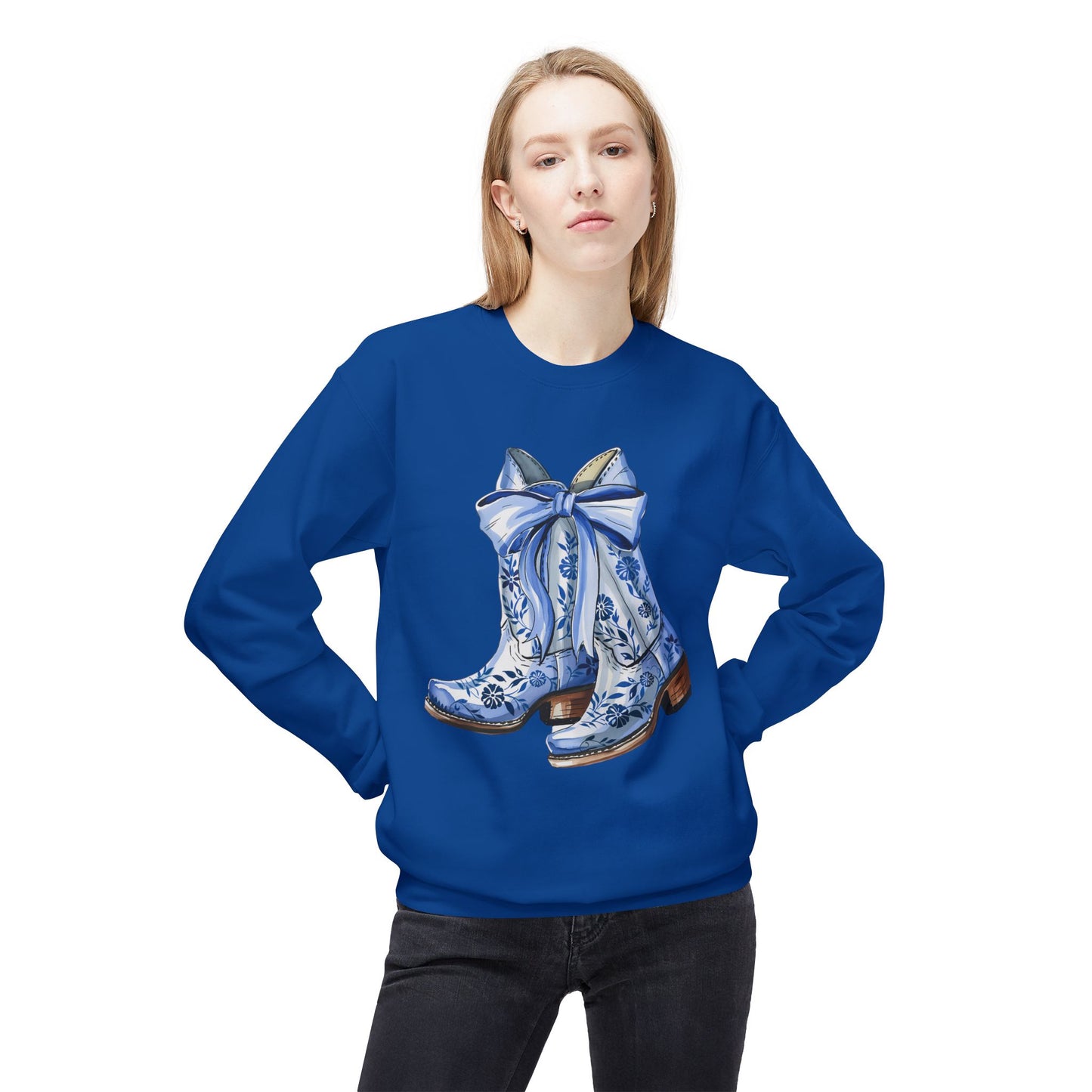 Blue Floral Cowboy Boots Crewneck Sweatshirt